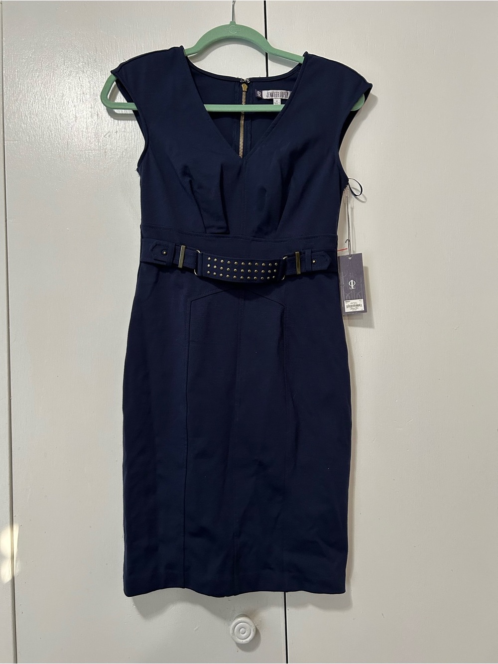 Jennifer Lopez Navy Studded Belt Sheath Dress